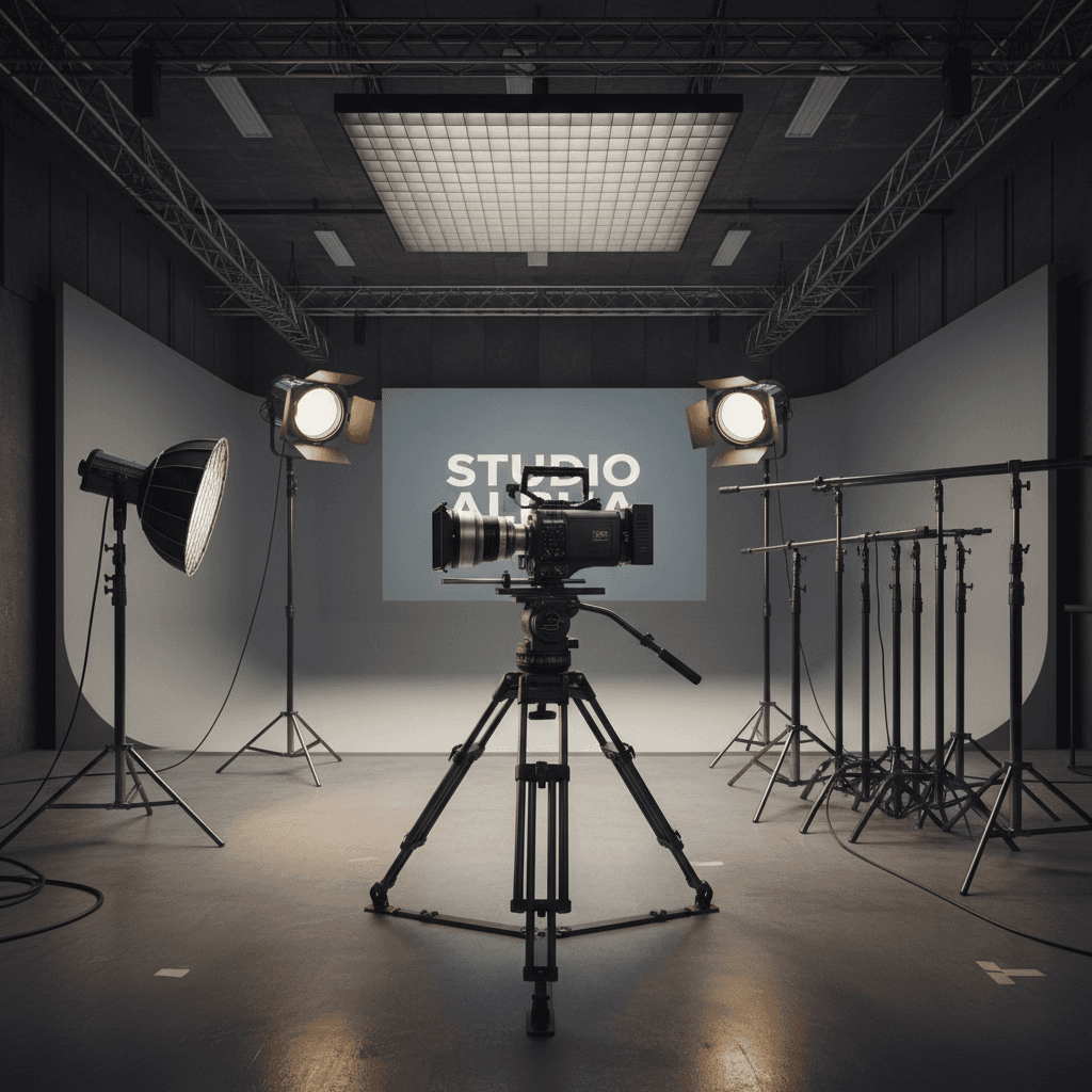 Professional cinema camera on tripod in modern studio setup with studio lighting
