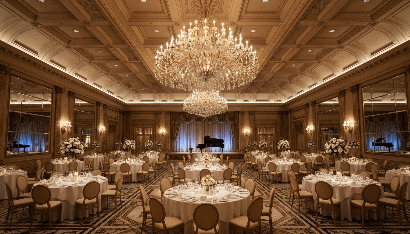 Luxury hotel ballroom with elegant chandelier and warm ambient lighting