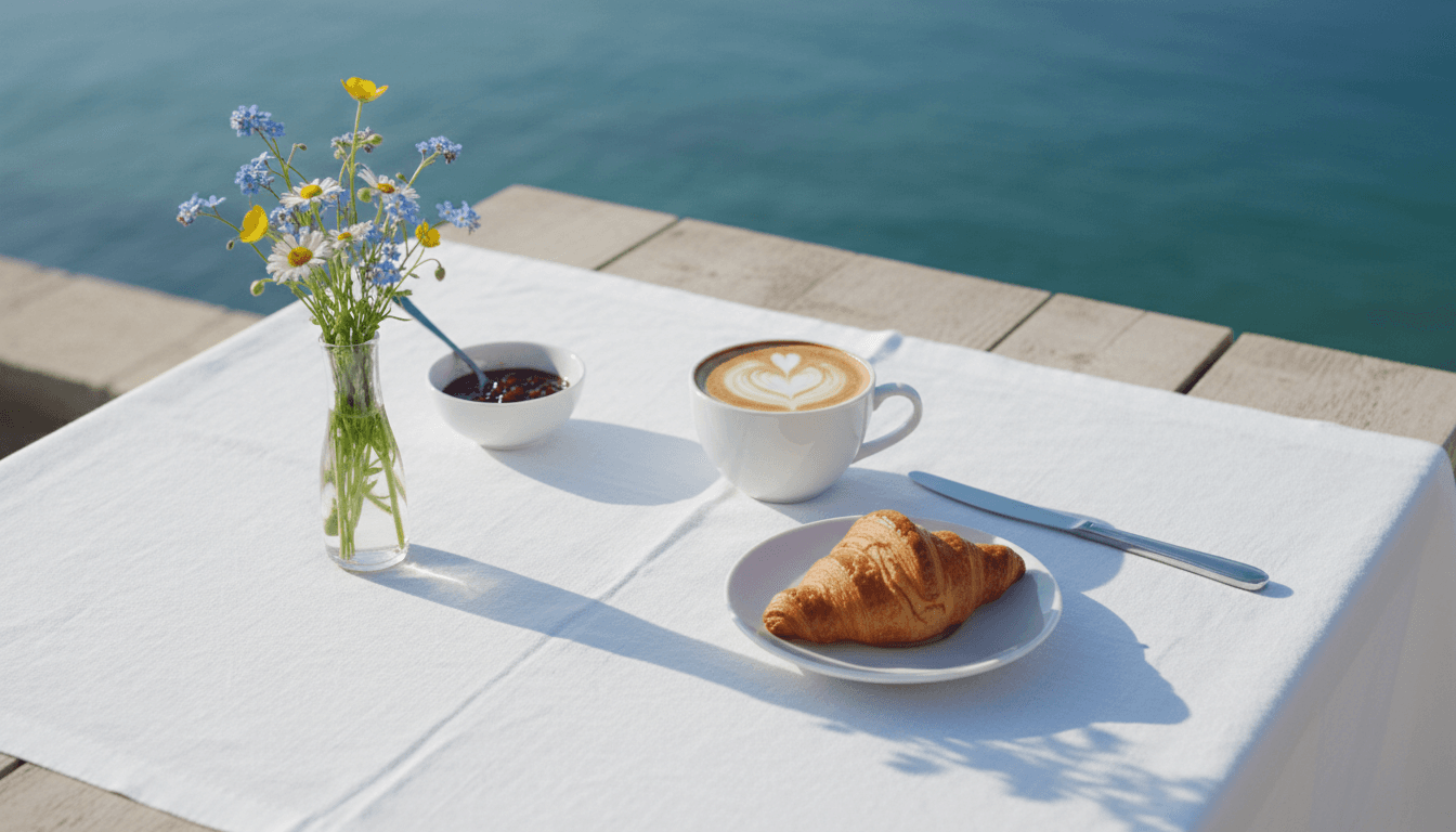 Breakfast tray on a resort terrace overlooking the ocean