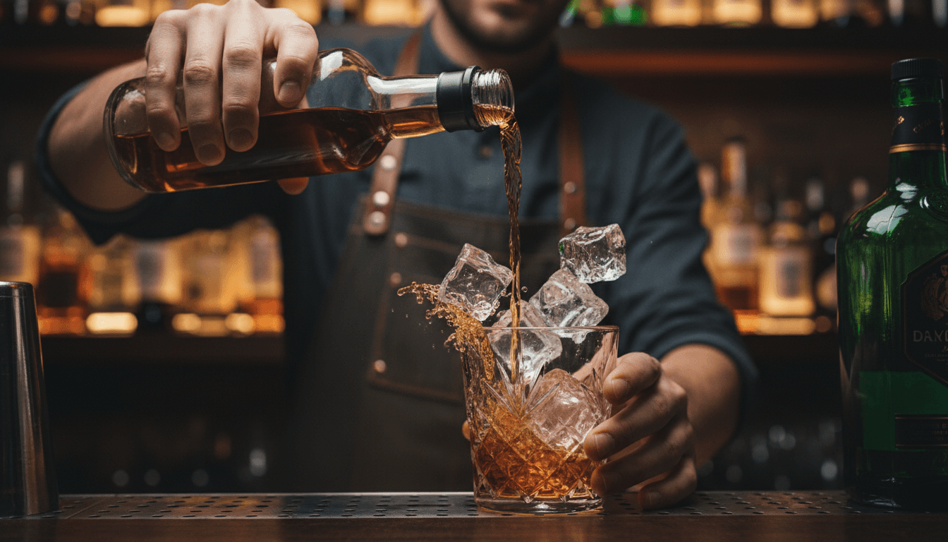 Bartender pouring whiskey over ice in a crystal glass, motion frozen