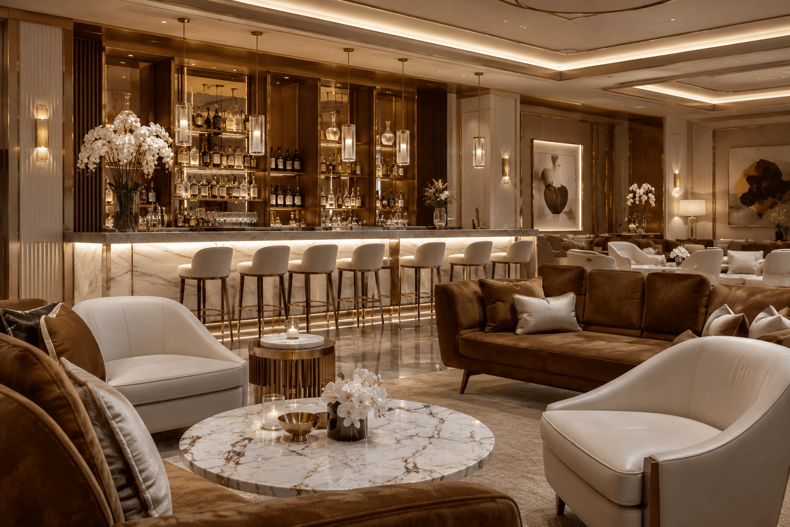 Sophisticated hotel bar with marble counters, white stools, and plush brown velvet lounge seating.